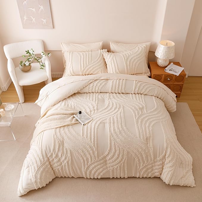 Beige Full Comforter Set - 7 Pieces Bed in a Bag, Premium Comforters Full Size Bed Set Tufted Shabby Chic Bedding Comforter Set with Flat Sheet, Fitted Sheet and Pillowcases,Beige