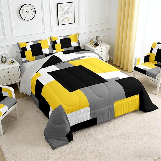 Castle Fairy Yellow Black Grey Kids Comforter Set,Geometric Square Splicing Super Soft Microfiber Bedding Set for Adults Men,Modern Abstract Decorative Comforter Set,Queen Size 3 Pcs