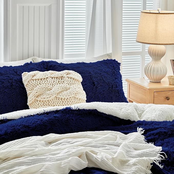 UOZZI BEDDING Navy Faux Fur Comforter Set Queen 3 Pieces - 1 Shaggy Comforter 90x90 with 2 Pillowcases - Ultra Soft and Easy Care Luxury Plush Warm Winter Fluffy Fleece Duvet Set