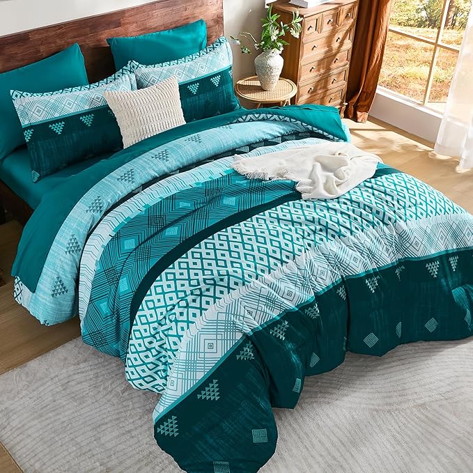 Xruibed Teal Queen Comforter Set 7 Pieces, Boho Striped Bed in a Bag Queen Size Soft Microfiber All Season Bedding Set with Comforter, Sheets, Pillowcases & Shams(90"×90")