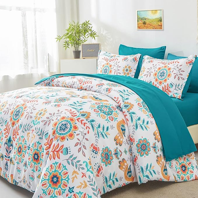 Boho Comforter Set King - 7 Pieces Bed in a Bag Floral Medallions Design, Bohemian Comforter Set with Sheets, Soft Microfiber Complete Bedding Sets All Season (Teal Blue, King)