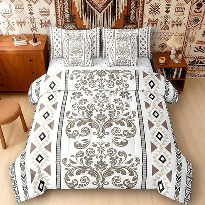 Comforter Set Queen Size, Olive Brown Damask Aztec 7 Pcs Bedding for Kids and Adults, Baroque Western Boho Gothic Floral Bed Sheet Sets with Fitted Sheet 2 Pillowcases & 2 Shams for Bedroom Bed Decor