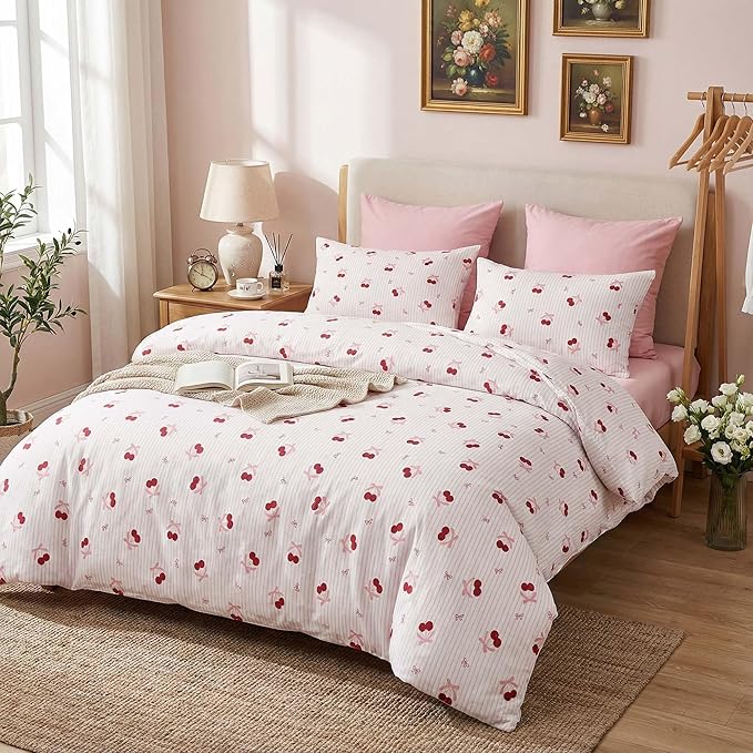 Nayoroom Pink Striped Bow Comforter Set Queen Size Red Cherry Comforter 3 Pieces Soft Lightweight Girls Cute Aesthetic Dorm Bedding Set for All Seasons