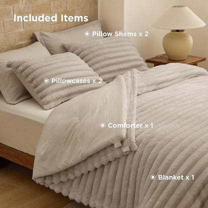 Bedsure Gentlesoft™ 2-in-1 Full Comforter Set and Detachable Fluffy Blanket, Beige Bedding Set for All Season Use, SnapTech Design for Space Saving (Includes 2 Pillow Shams, 2 Pillowcases)