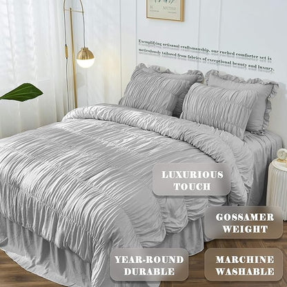 Bonlino King Size Comforter Set Bedding - Ruched Light Grey Comforter King Bed Set Boho Shabby Chic Comforter Fluffy 3 Piece Ruffle Comforter Set Pillow Girl Bedding Soft and Luxury