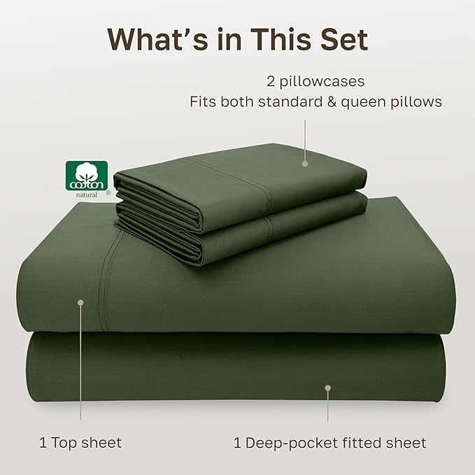 California Design Den 100% Cotton Sheets Queen Size Set - Luxury 600 Thread Count Sateen, Cooling Queen Cotton Sheets with Deep Pockets, Hotel-Quality Bedding - Dark Olive Green