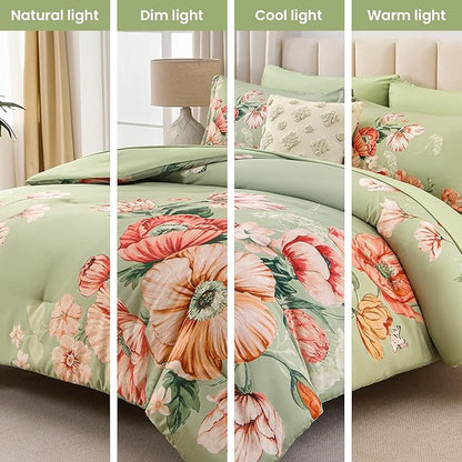 King Size Comforter Set - 7 Pieces Floral Comforter and Sheet Set, Green King Size Bed in a Bag, Soft Microfiber Flower Complete Bedding Set for All Seasons（Green,104"x90"）