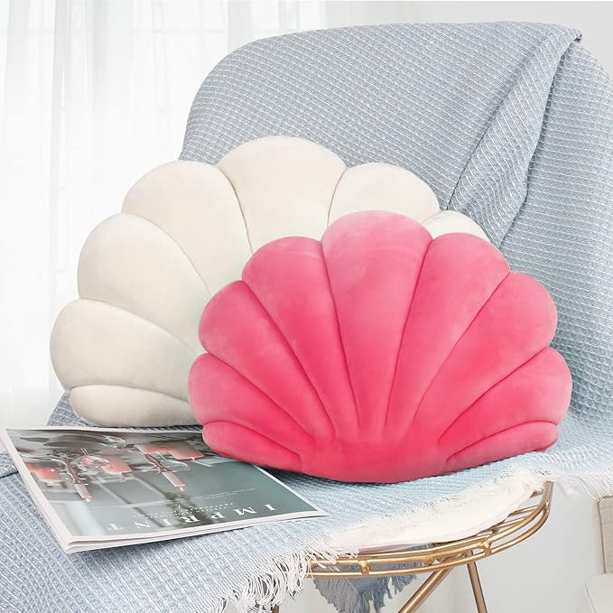 Yi-gog Seashell Pillow Sea Shaped Decorative Princess Throw Pillow 3D Velvet Soft Ocean Cute Throw Pillows for Bed Couch Chair Sofa Room 13.4 X 9.8 inch