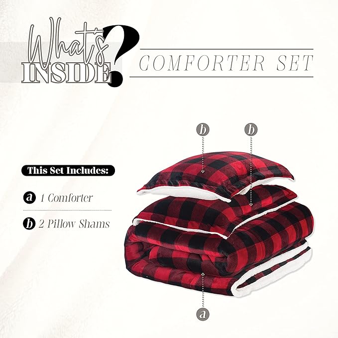 Elegant Comfort 3-Piece Buffalo Lodge-Plaid Comforter Set, Luxurious, Heavyweight, All Season, Down Alternative-Micromink Sherpa-Backing Reversible Micro-Suede, Soft and Plush, Twin XL, Burgundy/Black