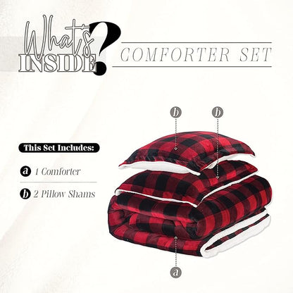 Elegant Comfort 3-Piece Buffalo Lodge-Plaid Comforter Set, Luxurious, Heavyweight, All Season, Down Alternative-Micromink Sherpa-Backing Reversible Micro-Suede, Soft and Plush, Full, Burgundy/Black