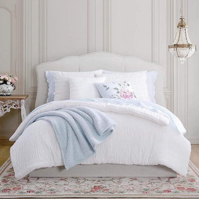 Shabby Chic® - King 3-Piece Comforter Set, Reversible Cotton Bedding with Matching Shams, Seersucker Shirring Home Decor for All Seasons (Aiden White, King)