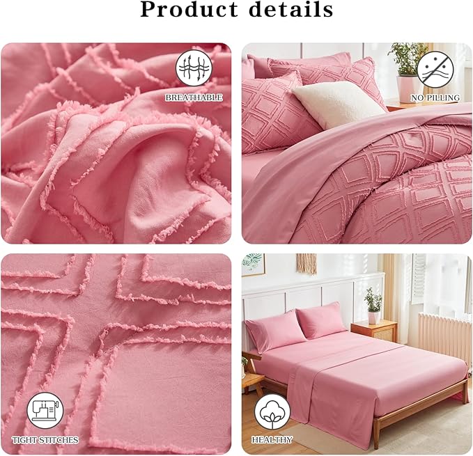 6 Pieces Tufted Bed in a Bag Twin Comforter Set with Sheets Pink, Soft and Embroidery Shabby Chic Boho Bohemian, Luxury Solid Color with Diamond Pattern, Jacquard Tufts Bedding Set for Kids Girls