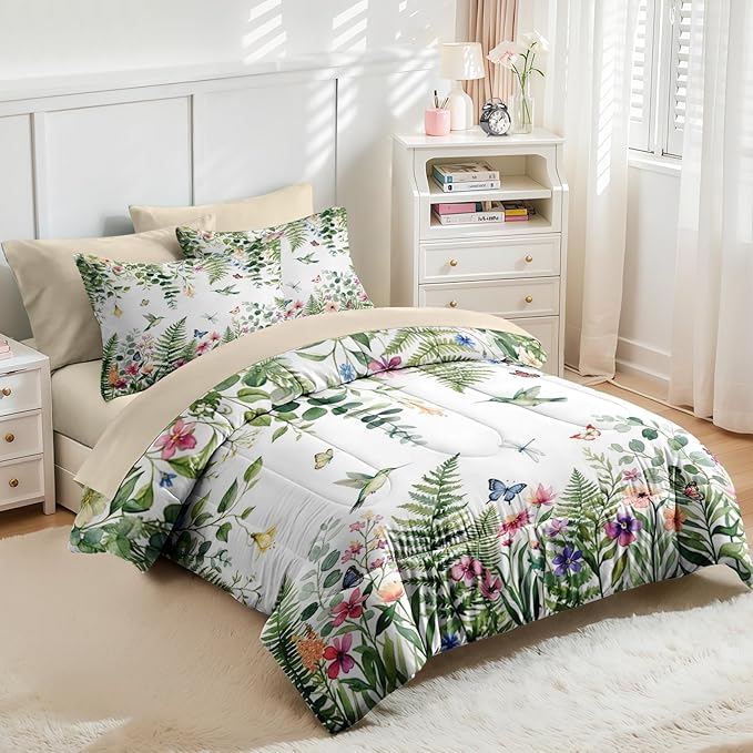 Nesker 7 Pcs Spring Comforter Set Full Size, Floral Hummingbird Butterfly Bedding Set for Kids and Adults, Fern Botanical Nature Bed Sheet Sets with Fitted Sheet 2 Pillowcases & 2 Shams