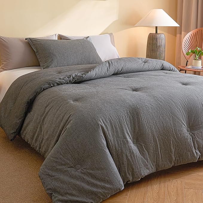 100% Cotton Comforter Set Full Size – Reversible Yarn-Dyed Design, Soft Washed Cotton on Both Sides, Lightweight All-Season Bedding, Machine Washable(Black Grey, 80”x90”)