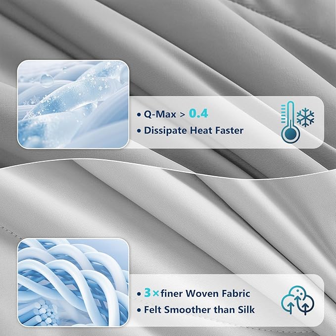 Cooling Comforter Set with Sheets&Pillowcases,Cooling Blanket for Hot Sleeper Cold ice Double Side Grey Bed Set Queen Size 4pcs(Comforter+Fitted Sheets+2Pillowcases)