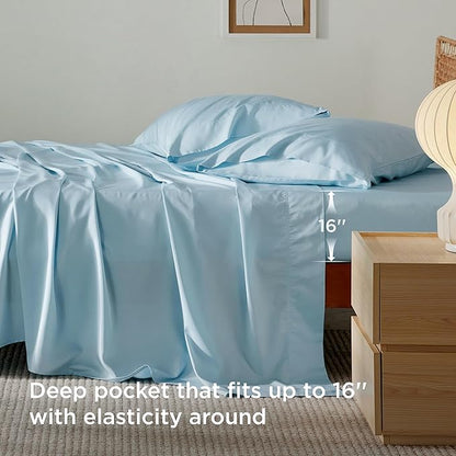 Bedsure Queen Sheet Set, Rayon Derived from Bamboo, Cooling Sheets, Breathable & Soft, Deep Pocket Up to 16 Inches, Hotel Luxury Silky Bedding for Hot Sleepers, Aqua