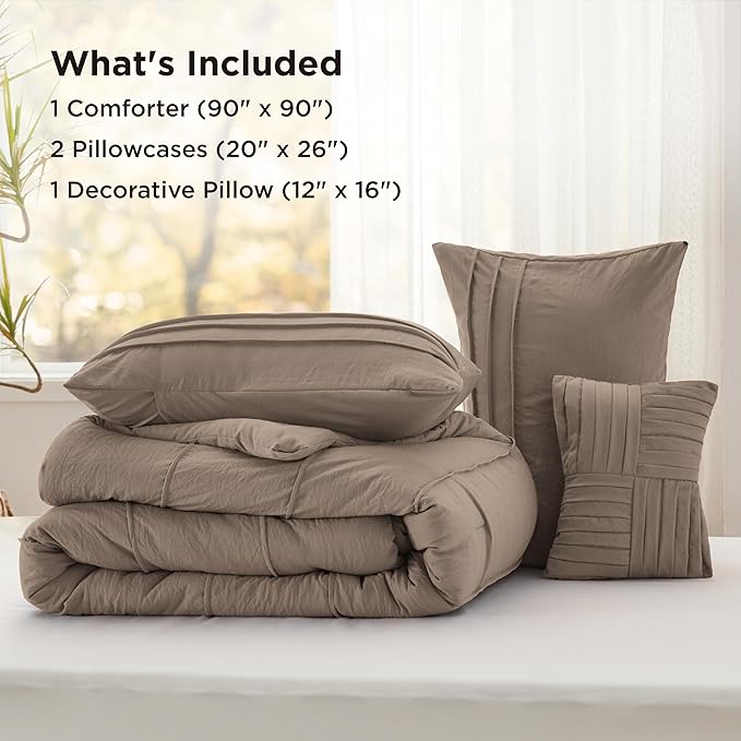 Bedsure Queen Comforter Set - 4 Pieces Pinch Pleat Bed Set, Brown Boho Bedding for All Season, 1 Soft Comforter, 2 Pillowcases, 1 Decorative Pillow