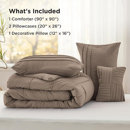 Bedsure Queen Comforter Set - 4 Pieces Pinch Pleat Bed Set, Brown Boho Bedding for All Season, 1 Soft Comforter, 2 Pillowcases, 1 Decorative Pillow