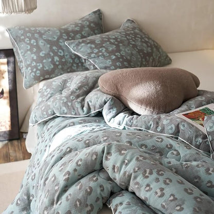 MKXI Double Layer Muslin Cotton Comforter Set Full Size Leopard Print Shabby Chic Bedding Comforter Set Soft Breathable Grey and Green Floral Animal Cheetah Lightweight Bed Comforter for All Season