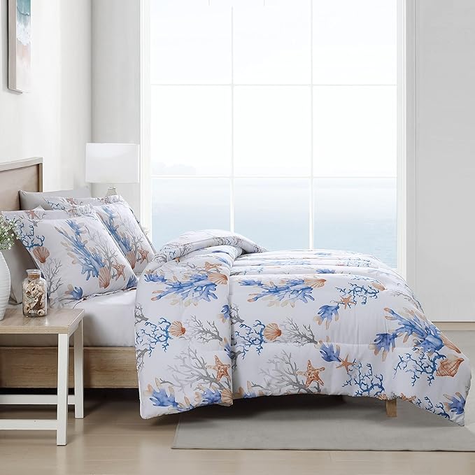 Caribbean Joe King 3-Piece Comforter Set, Tropical Coastal Beach Design Bedding, Coastal Damask