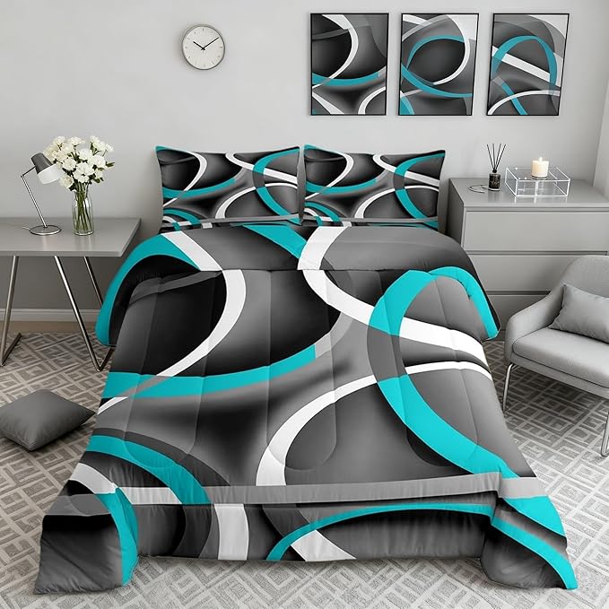 Castle Fairy Circle Geometric Comforter Set Gray Black Blue Swirls Bedding Set for Kids Girls Women Adults Abstract Stripes Comforter Retro Style Quilted Duvet Set Bedroom Collection Twin Size 2Pcs