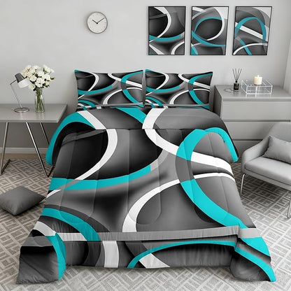 Castle Fairy Circle Geometric Comforter Set Gray Black Blue Swirls Bedding Set for Kids Girls Women Adults Abstract Stripes Comforter Retro Style Quilted Duvet Set Bedroom Collection Twin Size 2Pcs