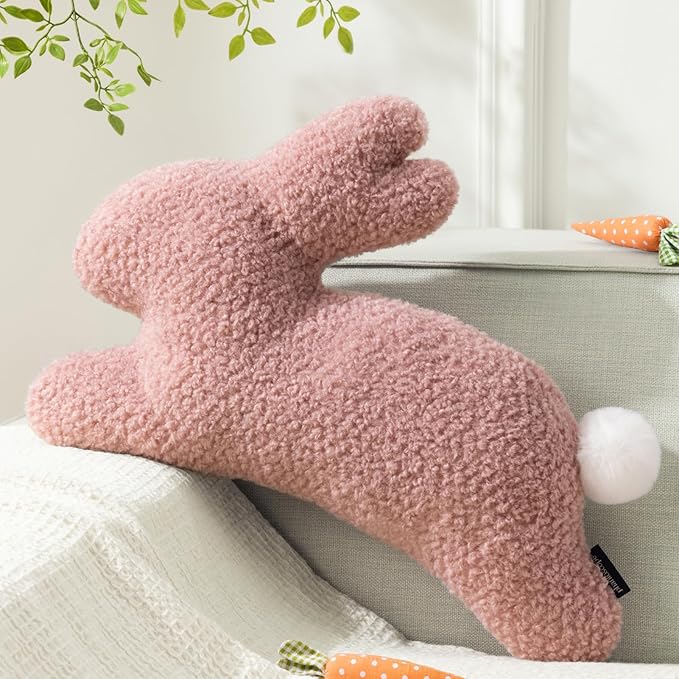 Phantoscope Happy Easter Bunny Shaped Throw Pillow, Plush Boucle Jumping Rabbit Cushion Sherpa Easter Decorative Pillow for Couch Living Room Bed, Pink, 14.5 x 21.5 inches