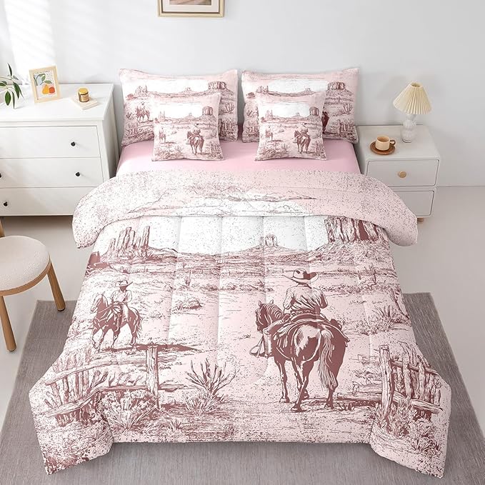 Feelyou Pink Western Decor Comforter Set with Sheets Queen Size Kids West Cowboy Horse 7 Pieces Bedding Set for Boys Girls Teens Rodeo Cowboy Style Bed in a Bag Breathable Grunge Design Bed Set