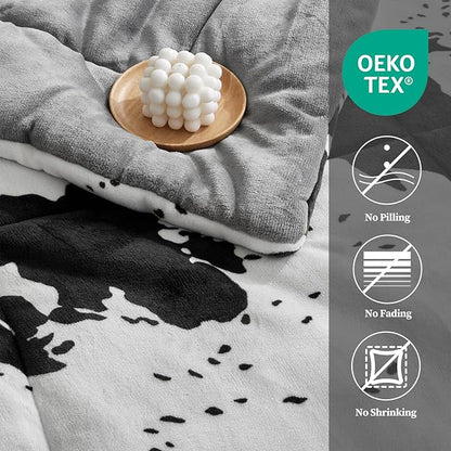 Petrichor Velvet Flannel King Comforter Set-Cow Print Western Style Blanket,Luxury Fuzzy Heavy Bedding Set, 3 Pieces Plush Winter Bed Set with Comforter (90"x104") & 2 Pillow Shams (20"x36"