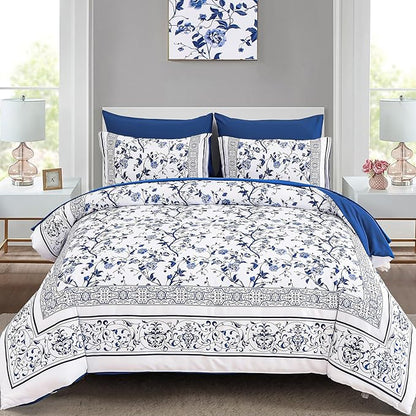 Dobuyly Floral Comforter Full Size, 7 Piece Bed in a Bag Full Blue Flowers on White Botanical Bedding Set, Soft Microfiber Bedding Comforter Sets for All Season