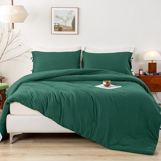 Super Soft Double Queen Size Comforter Set, 3 Piece Cozy Comfy Polycotton 1 Fluffy Comforter & 2 Pillow case - Down Alternative Blanket Bedding Set for All Season Forest Emerald Hunter Green