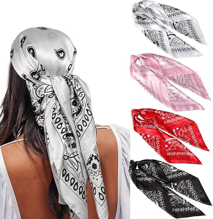 AWAYTR 35” Satin Large Square Head Scarves - 4PCS Silk Like Neck Scarf Hair Sleeping Wraps Satin Silk Scarfs for Women
