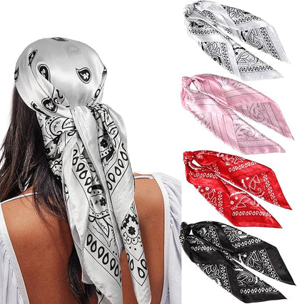 AWAYTR 35” Satin Large Square Head Scarves - 4PCS Silk Like Neck Scarf Hair Sleeping Wraps Satin Silk Scarfs for Women