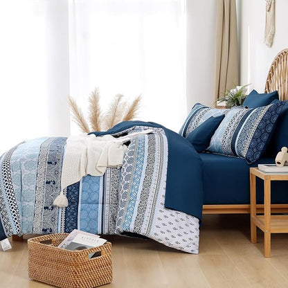 Boho Comforter Set Queen Size,8 Pieces Navy Blue Bohemian Striped Bed in a Bag,Paisley Soft Microfiber Bedding Comforter Set
