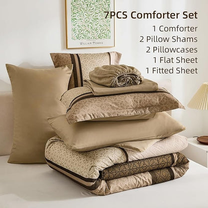 WONGS BEDDING Twin Comforter Set 6 Pieces, Brown Striped Bed in a Bag Comforter and Sheet Set, Soft Lightweight Micorfiber Bedding Set All Season for Kids Boys Teen (90"×90")