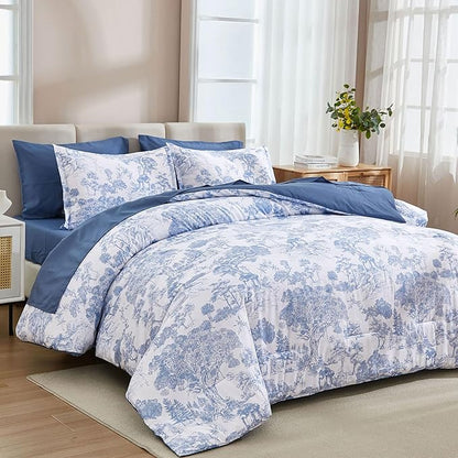 DJY Blue Comforter Set King, 7 Pieces Bed in a Bag King Size Botanical Comforters with Sheets Elegant Plants Print Soft Microfiber Reversible Complete Bedding Sets for All Season