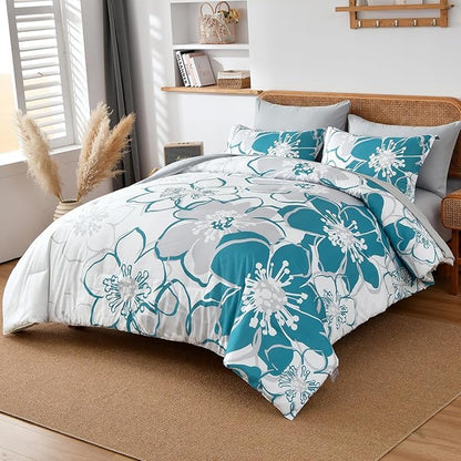 Anibedding Teal Floral Comforter Set King Size 7 Piece, Teal Blue Flower Bed in a Bag, Elegant Botanical Floral Comforter Soft Microfiber Complete Bedding Set for All Season, (Teal, 104"x90")