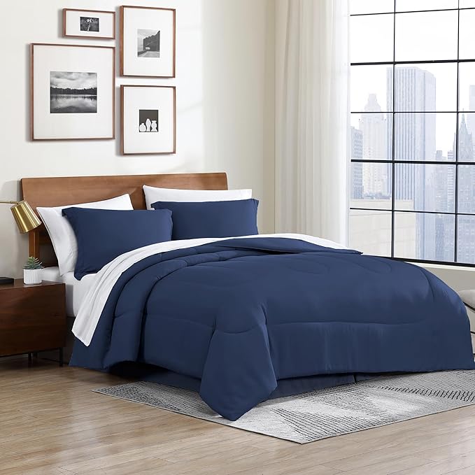 Cathay Home Basic Bedding Home Essential Ultra Soft Lightweight 8PC Wrinkle Resistant Microfiber Bed in a Bag Set (Includes Complete Sheet Set, Comforter Set & Bedskirt) - Full, Indigo