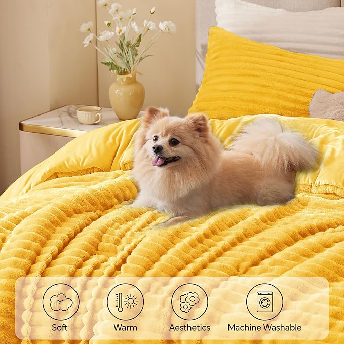 BEDELITE Fleece Queen Comforter Set -Super Soft & Warm Fluffy Bright Yellow Bedding, Luxury Fuzzy Heavy Bed Set for Winter with 2 Pillow Cases