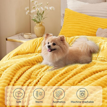 BEDELITE Fleece Twin Comforter Set -Super Soft & Warm Fluffy Bright Yellow Bedding, Luxury Fuzzy Heavy Bed Set for Winter with 1 Pillow case