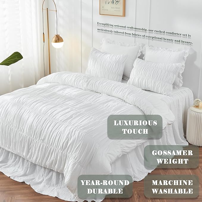 Bonlino King Size Comforter Set - Ruched White Comforter King Bed Set Boho Shabby Chic Bedding - Fluffy 3 Piece Ruffle Comforter Set with Pillow - Soft and Luxury