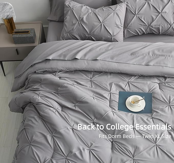 Maple&Stone Twin XL Comforter Set Grey Pinch Pleat 5 Pieces Bed in A Bag, Extra Long Pintuck Comforter Set Gray Twin XL with Down Alternative Comforter, Sheets, Pillowcase & Sham