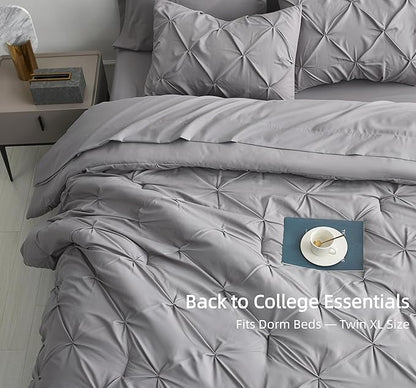 Maple&Stone Twin XL Comforter Set Grey Pinch Pleat 5 Pieces Bed in A Bag, Extra Long Pintuck Comforter Set Gray Twin XL with Down Alternative Comforter, Sheets, Pillowcase & Sham