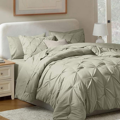 Nestl Queen Comforter Set 7 Piece - Pinch Pleated Comforters Queen Size Light Sage, Bed in a Bag Queen All Season, Queen Size Comforter Set Bedding with Flat Sheet, Fitted Sheet, Pillowcases and Shams