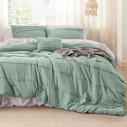 Bedsure California King Comforter Set - 4 Pieces Pinch Pleat Bed Set, Sage Green Boho Bedding for All Season, 1 Soft Comforter, 2 Pillowcases, 1 Decorative Pillow
