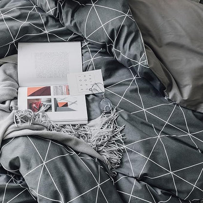 mixinni Queen Size Comforter Set Soft Geometric Grey Geometric Checkered Plaid Printed Bedding Comforter for Men Boys, 1 Soft Microfiber Reversible Comforter with 2 Pillowcases for All Seasons