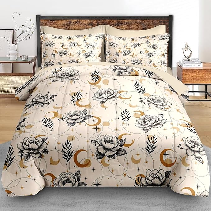 Comforter Set Twin Size, Lilies Orange Pink Flowers 5 Pcs Bedding for Kids and Adults, Floral Blossom Hawaii Bed Sheet Sets with Fitted Sheet Pillowcase & Sham for Bedroom Bed Decor