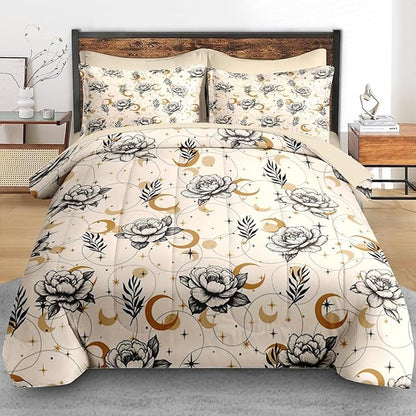 Comforter Set King Size, Flower Boho Astrology 7 Pcs Bedding for Kids and Adults, Tarot Bohemian Floral Bed Sheet Sets with Fitted Sheet 2 Pillowcases & 2 Shams for Bedroom Bed Decor