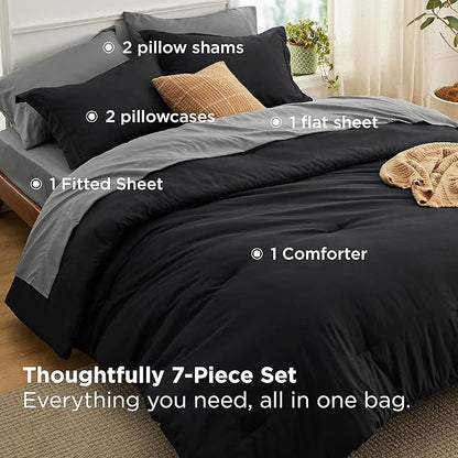 Bedsure Twin Comforter Set - 5 Pieces Black Twin Bedding Set for All Seasons, Boho Contrasting Design Bed in a Bag with Comforter, Sheets, Pillowcase & Sham