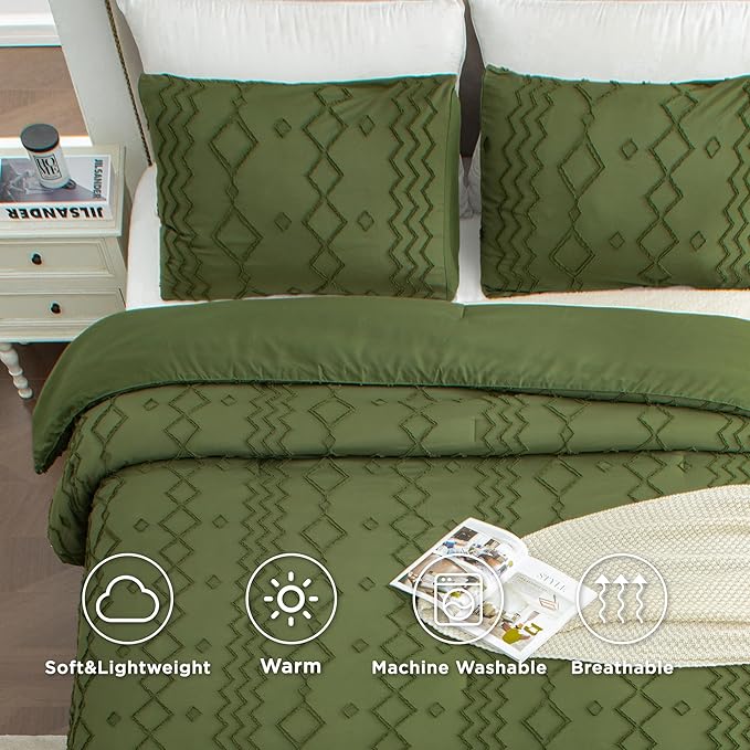 Andency Olive Green Tufted Comforter Set Full(79x90Inch), 3 Pieces(1 Boho Comforter, 2 Pillowcases) Textured Farmhouse, Soft Microfiber Down Alternative Geometric Bedding Set